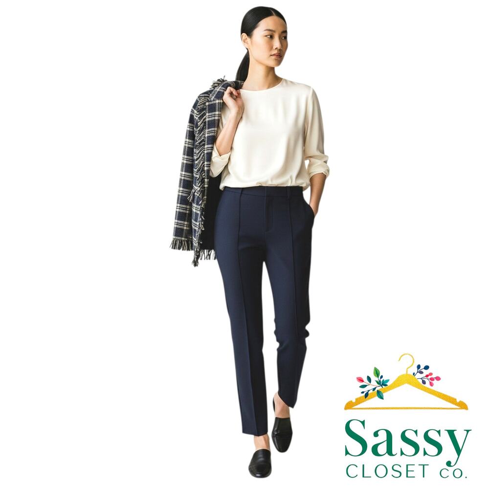 CABI Navy Blue Ponte Ankle Pants 8 Center Seams Stretch Slim Trousers 5073 EUC